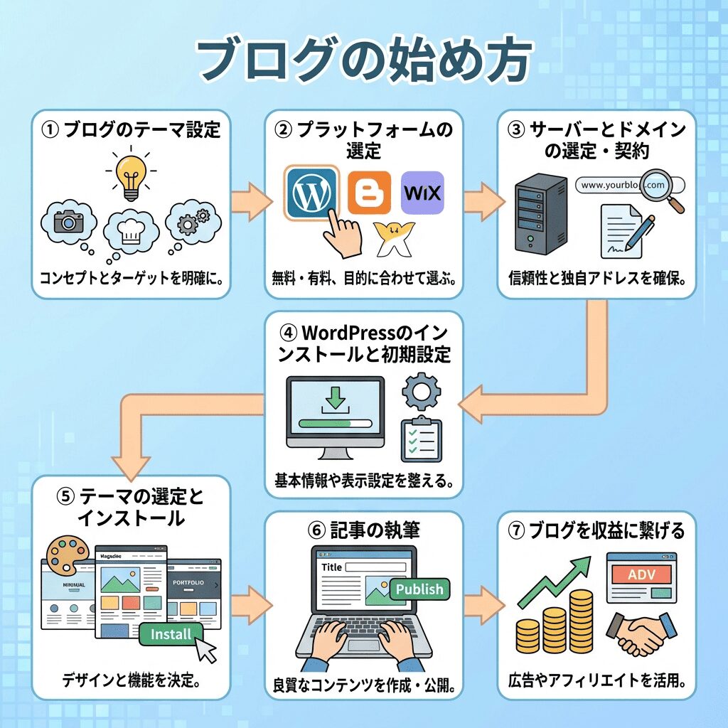 ブログの始め方の図解。①ブログのテーマ設定 ②プラットフォームの選定 ③サーバーとドメインの選定・契約 ④WordPressのインストールと初期設定 ⑤テーマの選定とインストール ⑥記事の執筆 ⑦ブログを収益に繋げる。