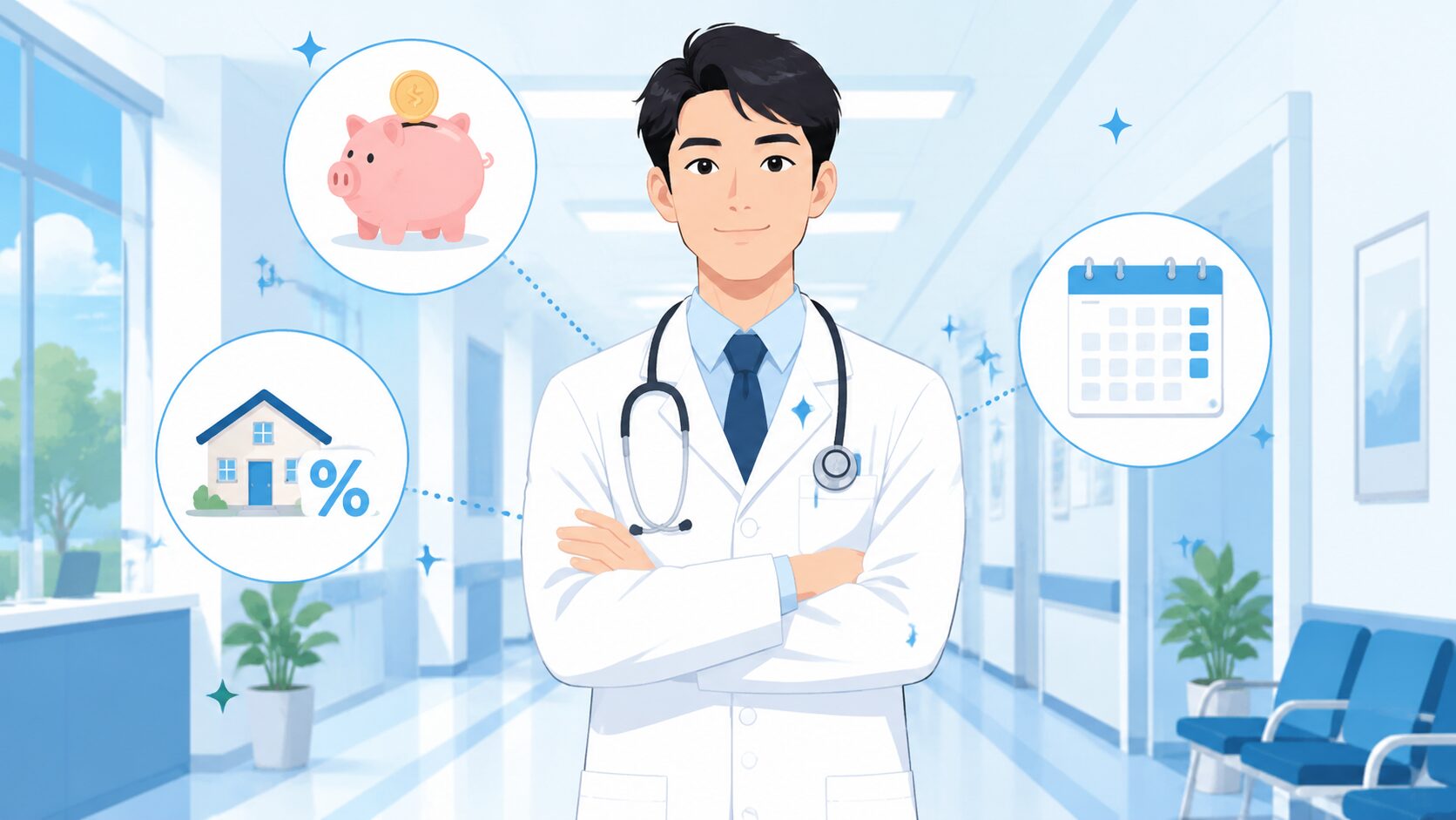 勤務医とお金に関するイラスト。貯金箱(iDeCo)、住宅ローン金利、カレンダーのアイコン。