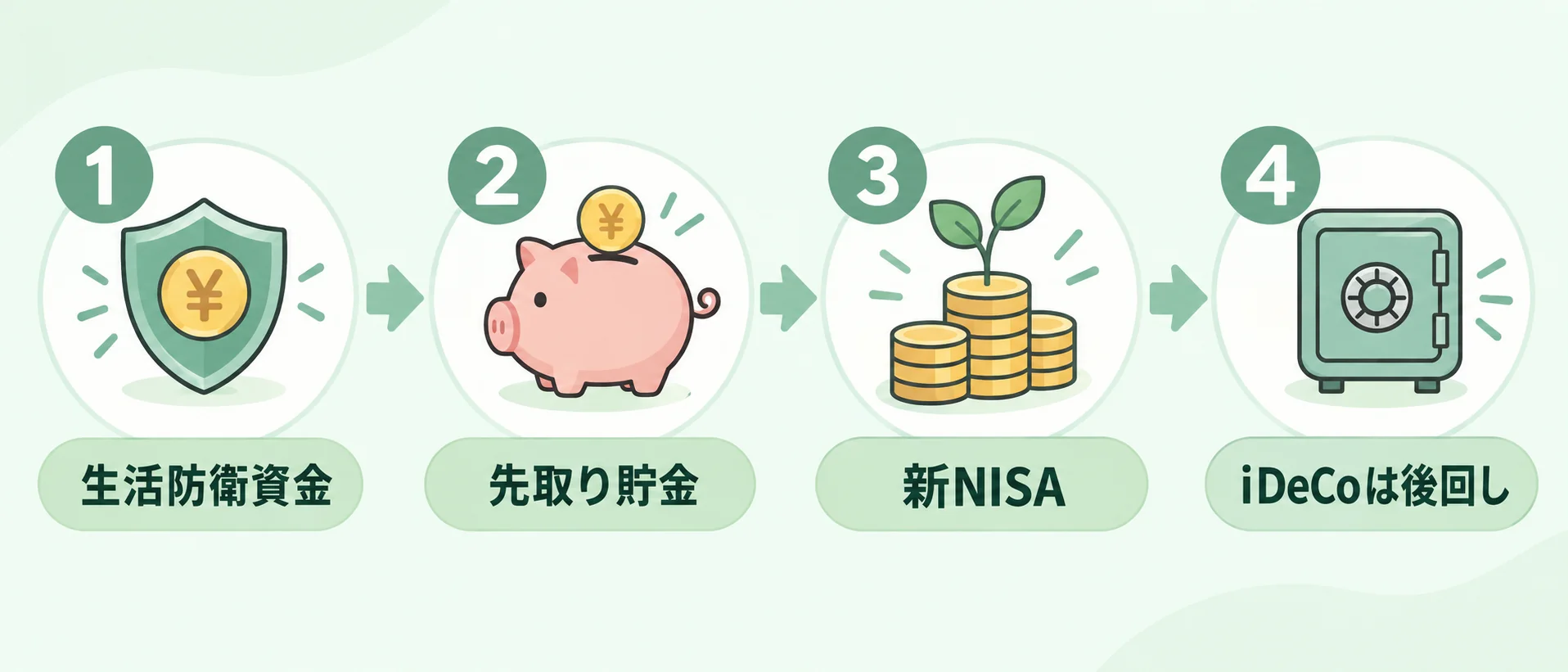 研修医の貯金の順番。①生活防衛資金②先取り貯金③新NISA④iDeCoは後回しの図解